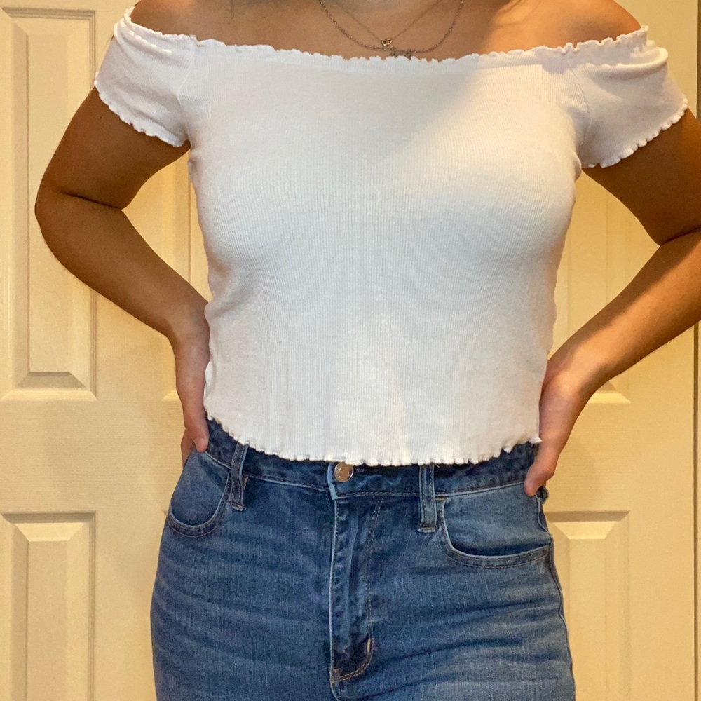 White Garage off the shoulder top with lettuce hem
